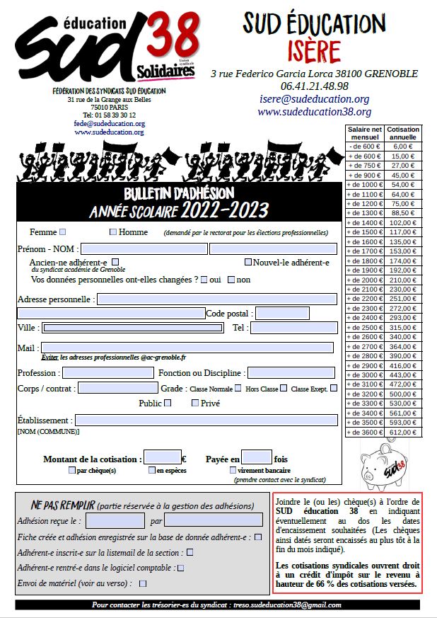bulletin d'adhésion SUD éducation 38