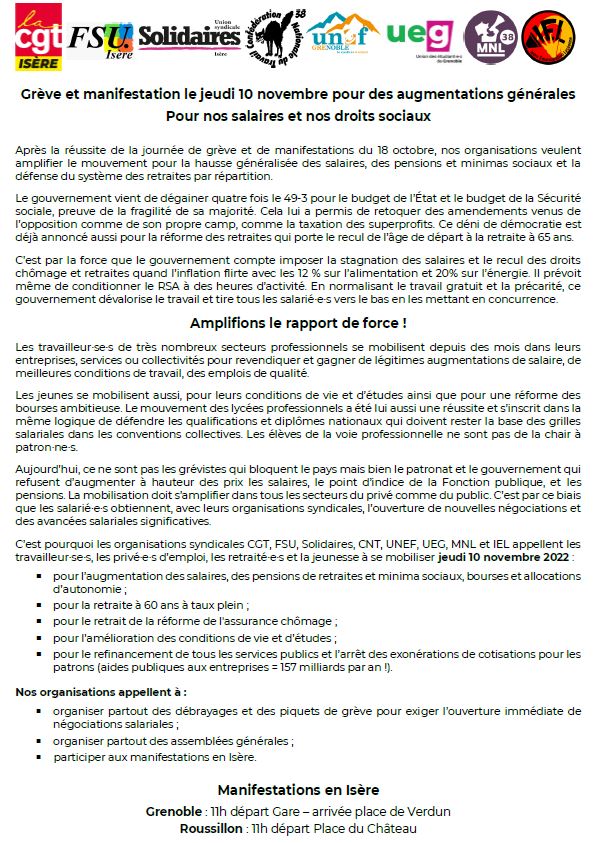 tract de l'Intersyndicale 38 pour le 10/11/2022