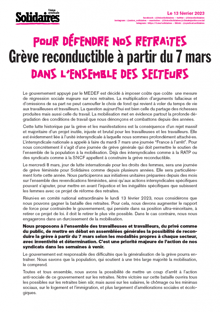 Solidaires - appel à la grève générale reconductible dès le 7 mars