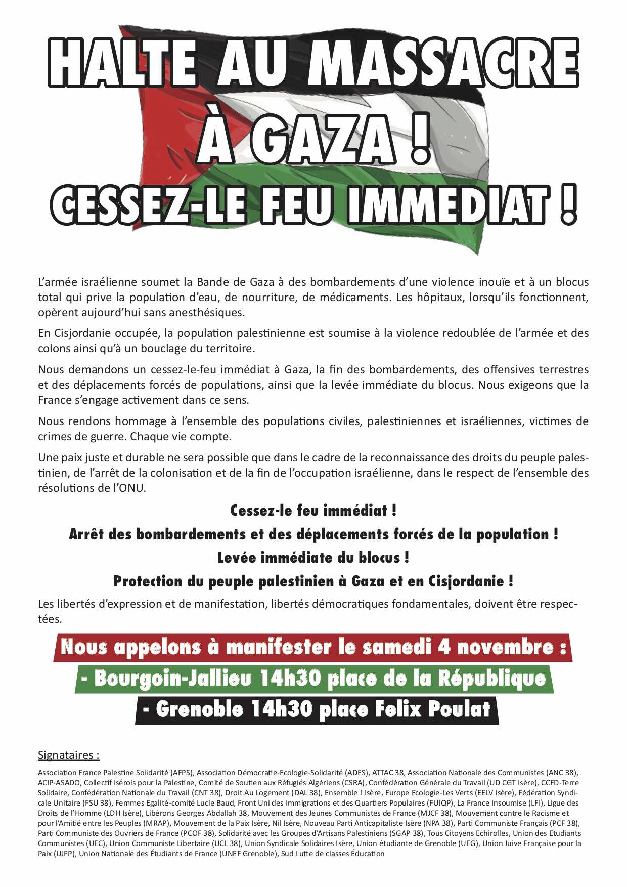 rassemblement pour mettre fin au massacre à Gaza Samedi 04/11 à 14h30 Place Felix Poulat à Grenoble / 14h30 Place de la république à Bourgoin-Jallieu