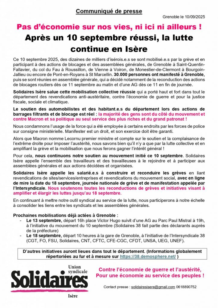 communiqué de Solidaires 38 d'appel à poursuivre la mobilisation du 10 et à se mettre massivement en grève le 18 septembre