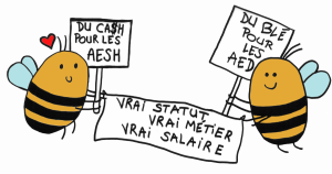des abeilles toutes mignonnes qui manifestent pour améliorer les conditions de travail des AED et des AESH